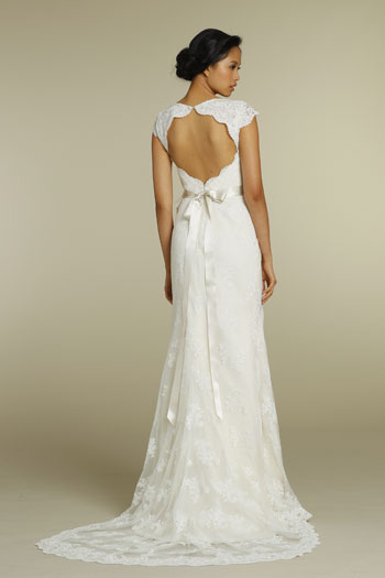 Ivory Alencon lace Aline bridal gown with Vneckline keyhole back and cap 